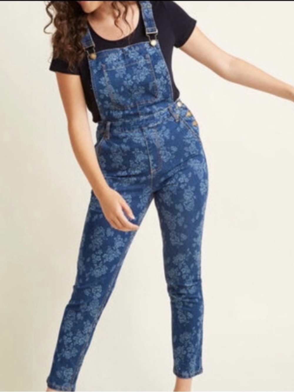 ModCloth Floral Denim Overalls Blue Jumpsuit Casual Size S
